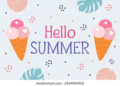 Hello summer background. Ice cream waffle cone in pastel colors. Colorful modern vector illustration.