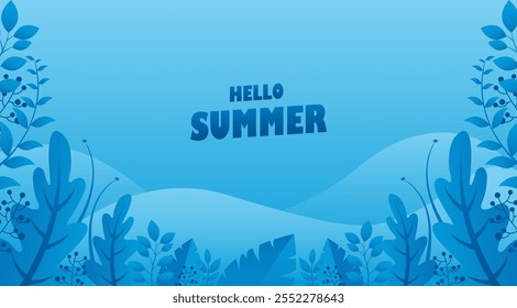 Hello summer Background with leaves and flowers. Tropical leaves background. Summer holiday banner with tropical foliage