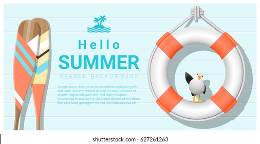 Hello summer background with lifebuoy and canoe paddle , vector , illustration
