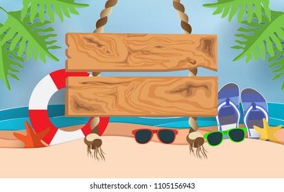 Hello Summer. Background summer on the beach. Illustration Vector for Beach Vacation. there is a writing board