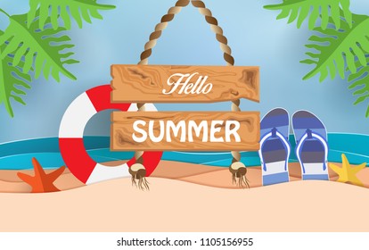 Hello Summer. Background summer on the beach. Illustration Vector for Beach Vacation. there is a writing board
