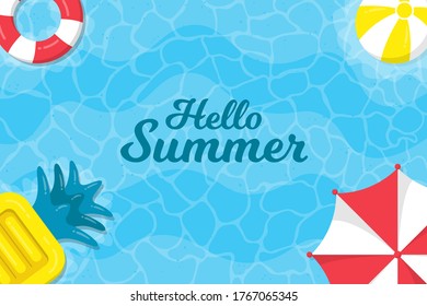 Hello summer background. Summer background on the sea with umbrellas, beach balls and pineapple inflatable floating beds.