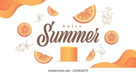 Hello Summer Background with Oranges Isolated on White Background. Summer Festive Background for Banner or Poster Design