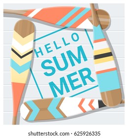 Hello summer background with painted canoe paddles , vector , illustration