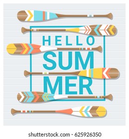 Hello summer background with painted canoe paddles , vector , illustration