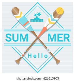 Hello summer background with painted canoe paddle , vector , illustration