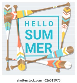 Hello summer background with painted canoe paddle , vector , illustration