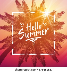 Hello summer background with palm and frame.