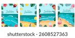 Hello summer background with palm leaves, melon,flower,ice cream  frame for a4 vertical design