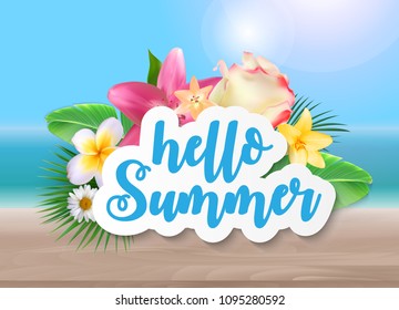 Hello Summer Background with Palm Leaves and Flowers. Vector Illustration EPS10
