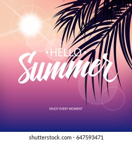 Hello Summer background with palm leaves and hand drawn lettering. Vector illustration.