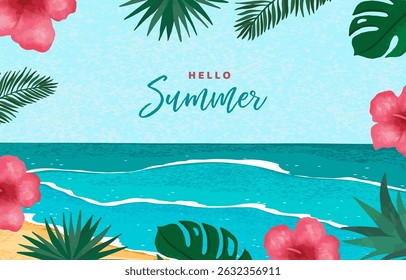 Hello summer background with palm leaves,flower  frame for horizontal design