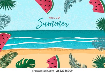 Hello summer background with palm leaves,watermelon  frame for horizontal design