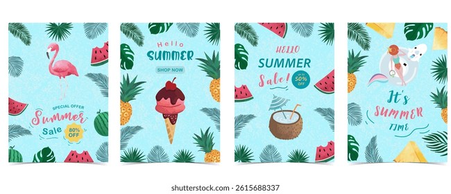 Hello summer background with palm leaves,watermelon,pineapple  frame for a4 vertical design