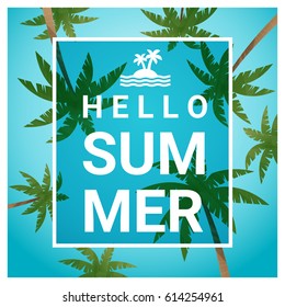 Hello summer background with palm trees at tropical beach , vector , illustration