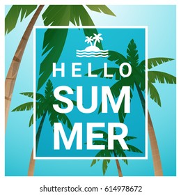 Hello summer background with palm trees at tropical beach , vector , illustration