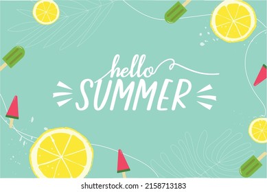 Hello Summer background pattern with lemon slice and popsicle