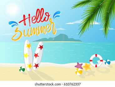 Hello, summer background is perfect for relaxing trips.,Sun beautiful and surfboard on the beach, beach soccer,swimming ring , ,have the area where the text can be added. Summer illustration