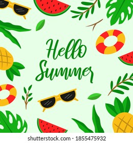 Hello Summer background, pineapple, watermelon, glasses, leaf, float, monstera leaf with flat style.