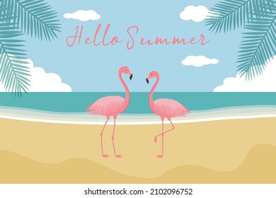 Hello summer background. Pink flamingos, panorama of sea and beach, palm trees. Summer vacations poster.