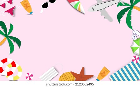 Hello summer background preparation of supplies tropical summer colorful frame design print. object isolated