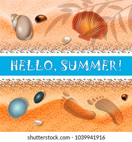Hello, summer. Summer background sand, seashell and footprints in the sand illustration