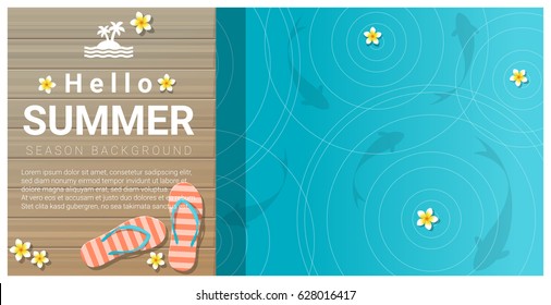 Hello summer background with sandals on wooden pier , vector , illustration