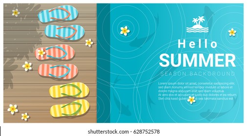 Hello summer background with sandals on wooden pier , vector , illustration