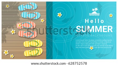 Hello summer background with sandals on wooden pier , vector , illustration