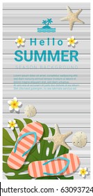 Hello summer background with sea elements on wooden board , vector , illustration