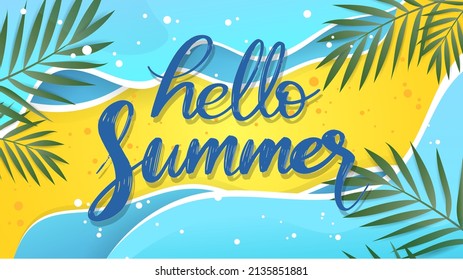 Hello Summer background with sea wave and palm leaf for online content in the summer , illustration Vector EPS 10