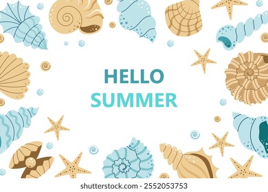 Hello summer. Summer background with seashells and starfish. Ocean and sea exotic. Vector illustration