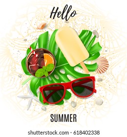 Hello summer background with seashells. Vector illustration with ornament from seashells and sea stars. Top view on composition with sun glasses, seashells, fresh cocktail and ice cream.