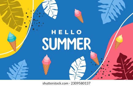 Hello Summer Background, Summer season Sale banner with pieces of tropical ripe orange fruit, bright design with plant. Vector illustration with text