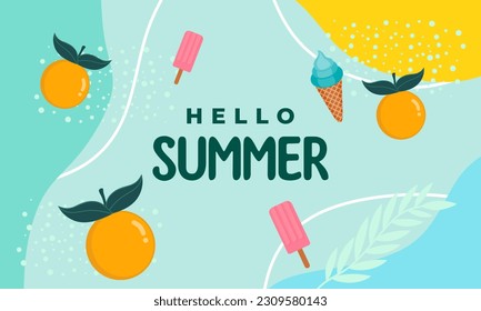 Hallo Sommerhintergrund, Sommersaison verkaufen Banner mit Stücken von tropischen reifen orangefarbenen Früchten, helles Design mit Pflanzen. Vektorgrafik mit Text