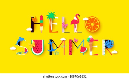 Hello Summer background with signs and symbols recreation. Vector illustration