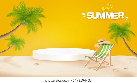 Hello summer background with stage podium for products display, vector design