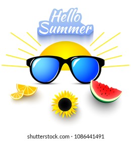 Hello summer background with sunglasses, sunflower, orange and watermelon. Vector illustration.