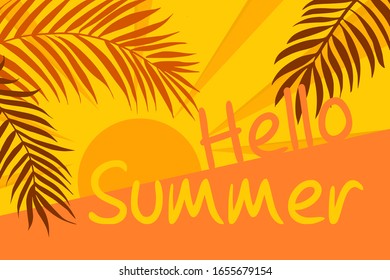 Hello summer background. The sunset and the tropical palm leaves background