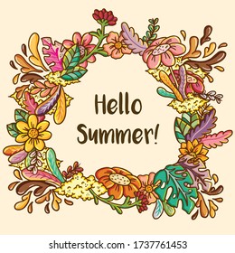 Hello summer, background template floral doodle vector design, beauty colorful include flower and leaf