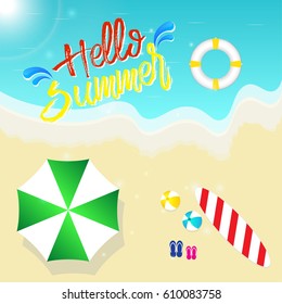 Hello summer  background top view Perfect for relaxing trips, 
surfboard ,swim ring and beach soccer. At sea, there is a swim ring,Can be designed to further text. . Illustrated summer