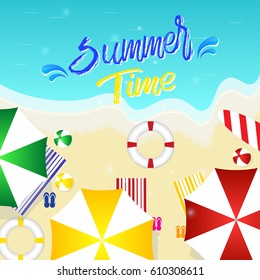 Hello summer background top view Perfect for relaxing trips, colorful umbrellas ,swim ring and beach soccer.  Illustrated summer
