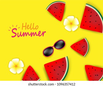 Hello Summer background. travel summer concept. layout template,banners,flyers,posters, brochure.  Top view on sun glasses , flower and watermelon on colorful pastels paper . Vector.