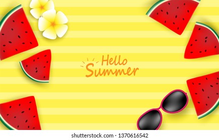 Hello Summer background. travel summer concept.  Top view on sun glasses , flower and watermelon on yellow background. Vector.