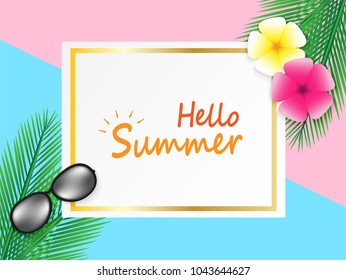 Hello Summer background. travel summer on the Beach concept. layout template,banners,flyers,posters, brochure.  Top view on sun glasses , flower and palm on colorful pastels paper art style. Vector.