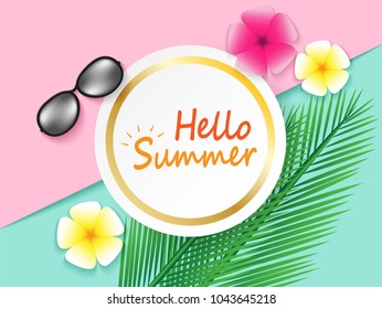 Hello Summer background. travel summer on the Beach concept. layout template,banners,flyers,posters, brochure.  Top view on sun glasses , flower and palm on colorful pastels paper art style. Vector.
