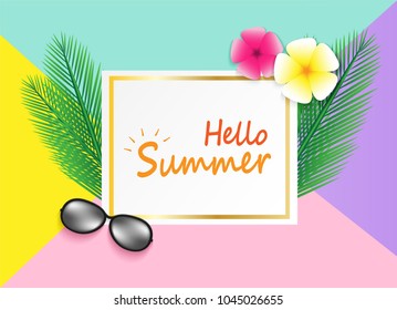 Hello Summer background. travel summer on the Beach concept. layout template,banners,flyers,posters, brochure.  Top view on sun glasses , flower and palm on colorful pastels paper art style. Vector.