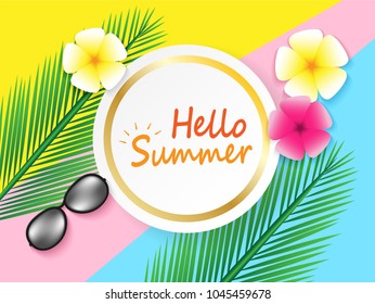 Hello Summer background. travel summer on the Beach concept. layout template,banners,flyers,posters, brochure.  Top view on sun glasses , flower and palm on colorful pastels paper art style. Vector.