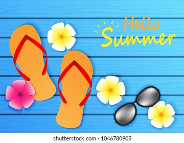 Hello Summer background. travel summer on the Beach concept. layout template,banners,flyers,posters, brochure.  Top view on sun glasses , flower and sandals on  blue wood texture .Vector.