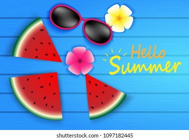 Hello Summer background. travel summer on the Beach concept. layout template,banners,flyers,posters, brochure. Top view on sun glasses , flower and watermelon on blue wood texture .Vector.

